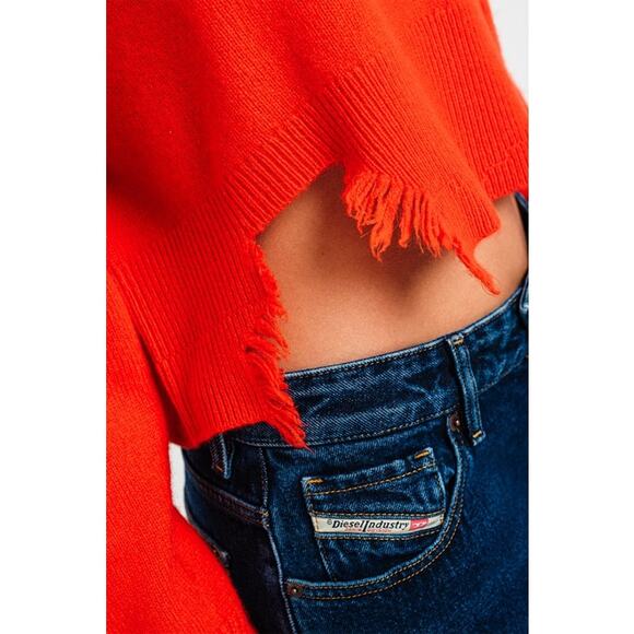 EUC Diesel Red Cropped Wool Cashmere Sweater Distressed Hem Logo Pocket Sz Small - Picture 9 of 16